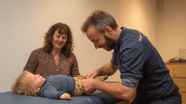 Osteopaat die een kind aan het behandelen is