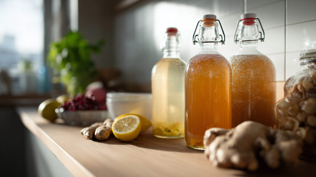 Flessen kombucha tijdens tweede fermentatie met gember, citroen en fruit op een houten keukenblad.