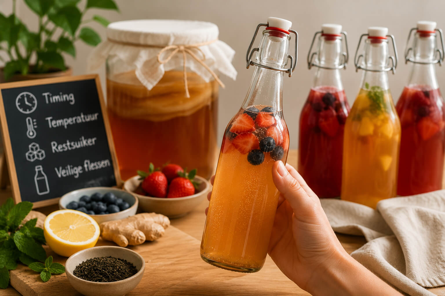 Kombucha met fruit tijdens tweede fermentatie in afsluitbare flessen op kamertemperatuur.