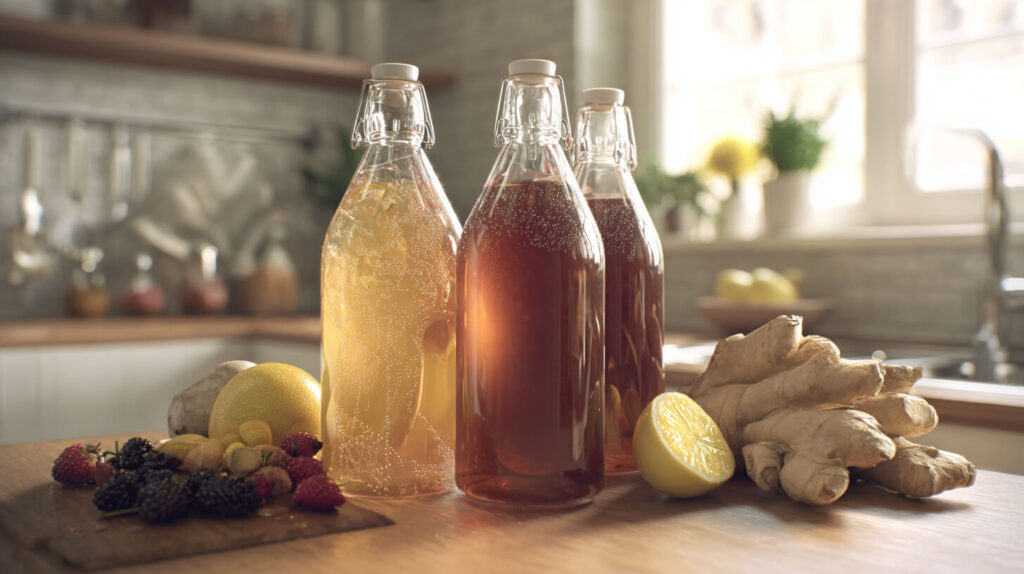 Tweede fermentatie van kombucha in glazen flessen met citrus, bessen en verse gember.