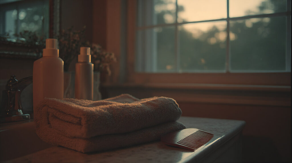 Shampoo, conditioner en een houten kam liggen naast opgevouwen handdoeken op een badkamerplankje in warm avondlicht