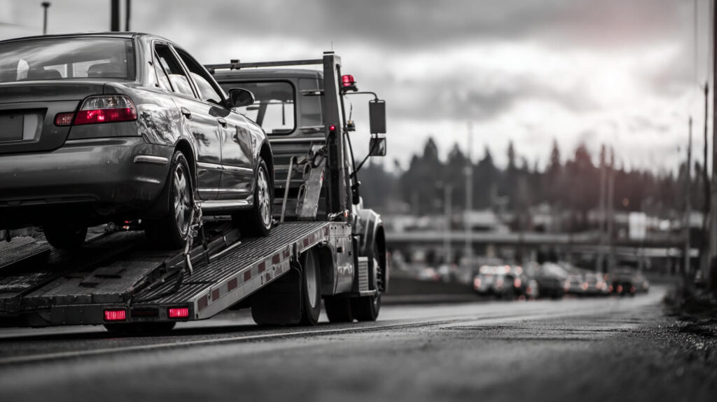 Een auto staat vastgesjord op de laadvloer van een platte sleepwagen langs de weg