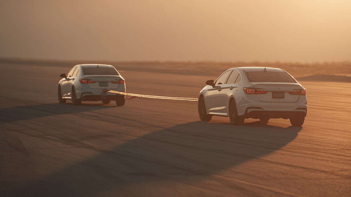 Twee witte auto's verbonden met een sleepkabel op een lege weg tijdens zonsondergang, met de voorste auto die de andere voorttrekt