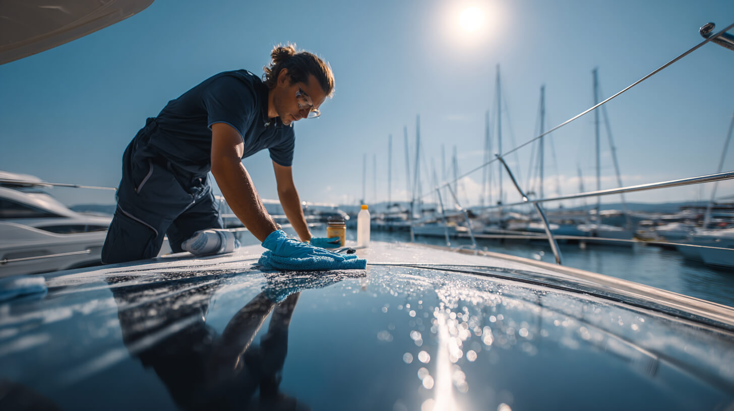 Onderhoudsspecialist gebruikt chemische middelen boot voor grondige reiniging van het dek.