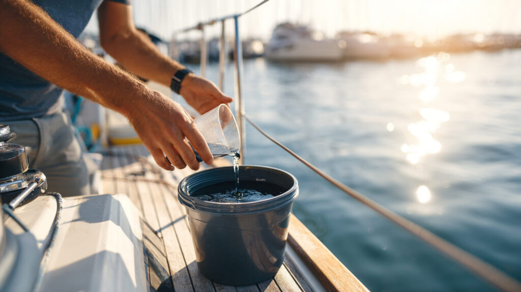 Chemische middelen boot doseren tijdens onderhoud aan boord in een jachthaven.