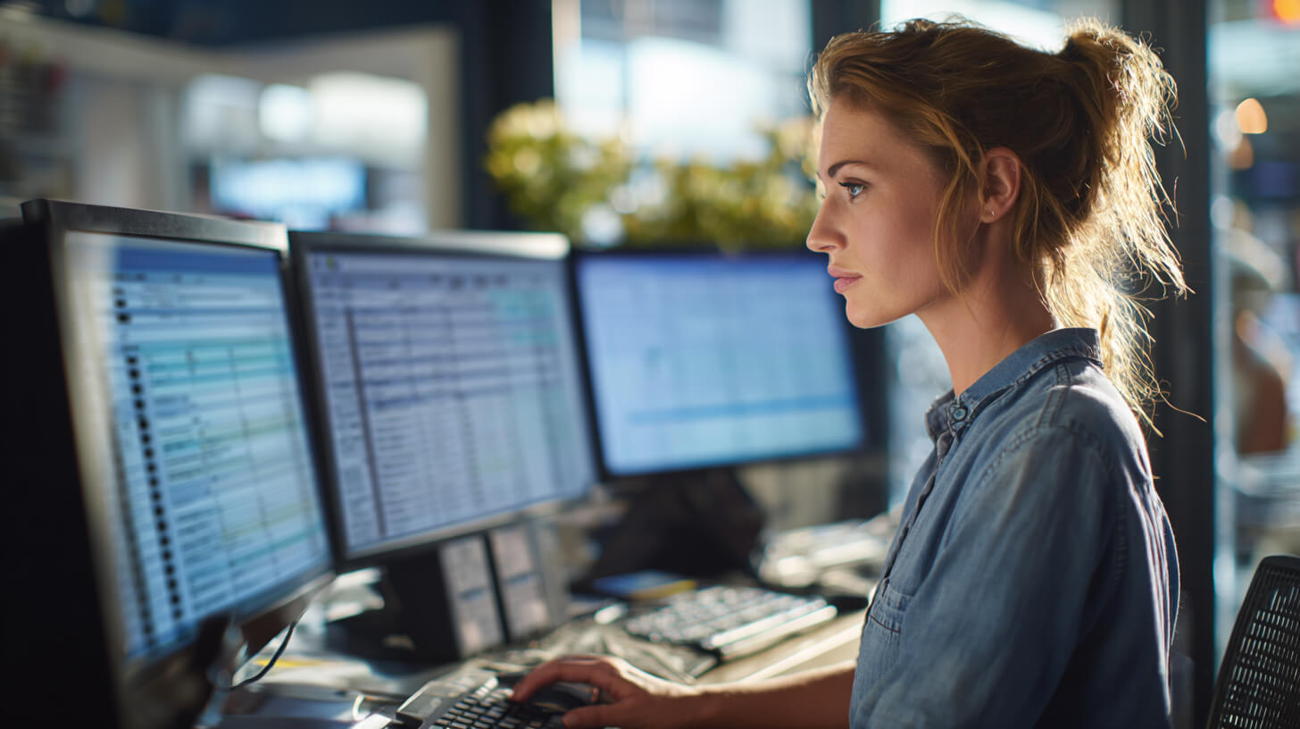 Medewerker analyseert verkoopgegevens op meerdere schermen binnen een modern kassa systeem