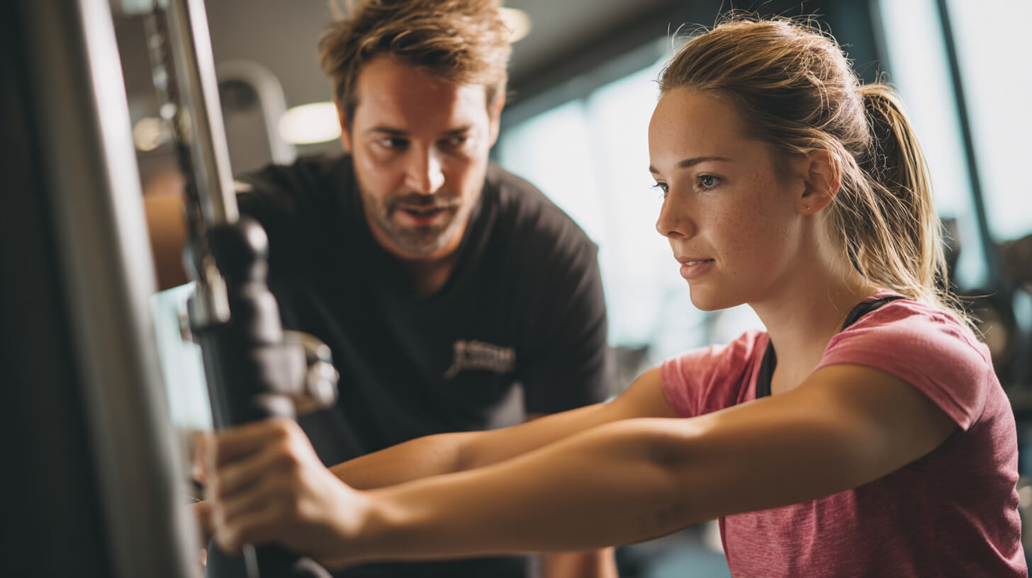 Fysiotherapeut begeleidt een pati&euml;nt tijdens begeleide krachttraining op een fitnessapparaat.