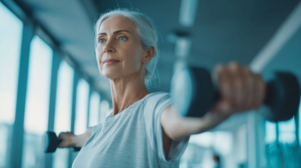 Vrouw voert begeleide krachttraining uit met dumbbells tijdens haar herstel.