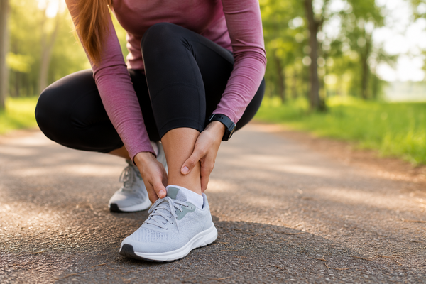Hardloopster houdt haar enkel vast tijdens hersteltraining op een bospad na een blessure