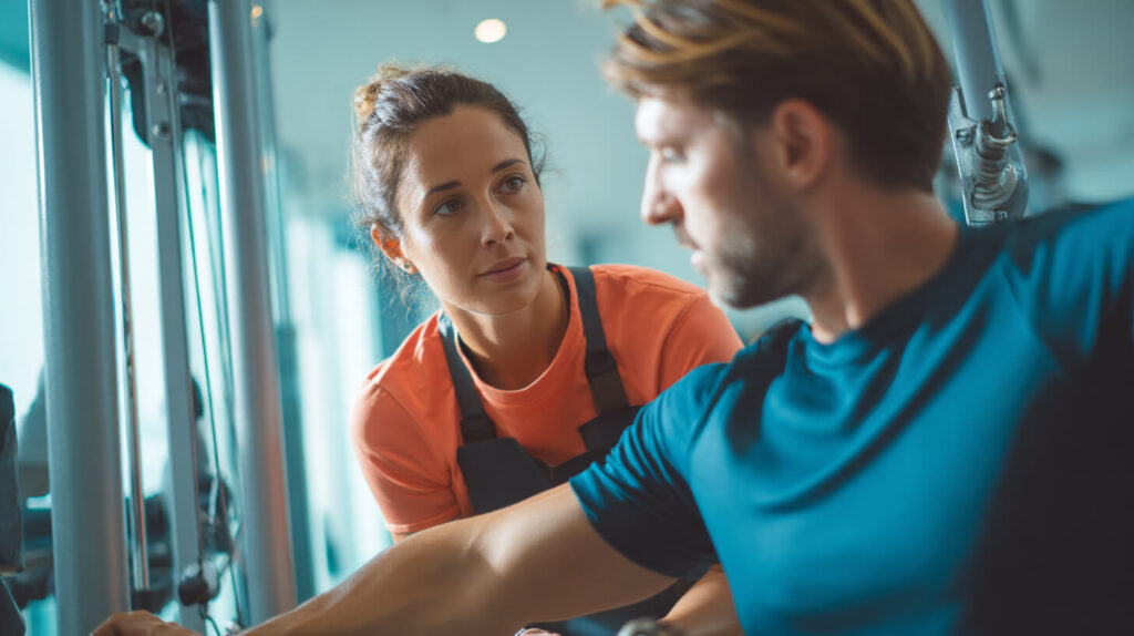 Fysiotherapeut ondersteunt een man tijdens begeleide krachttraining met een krachtapparaat