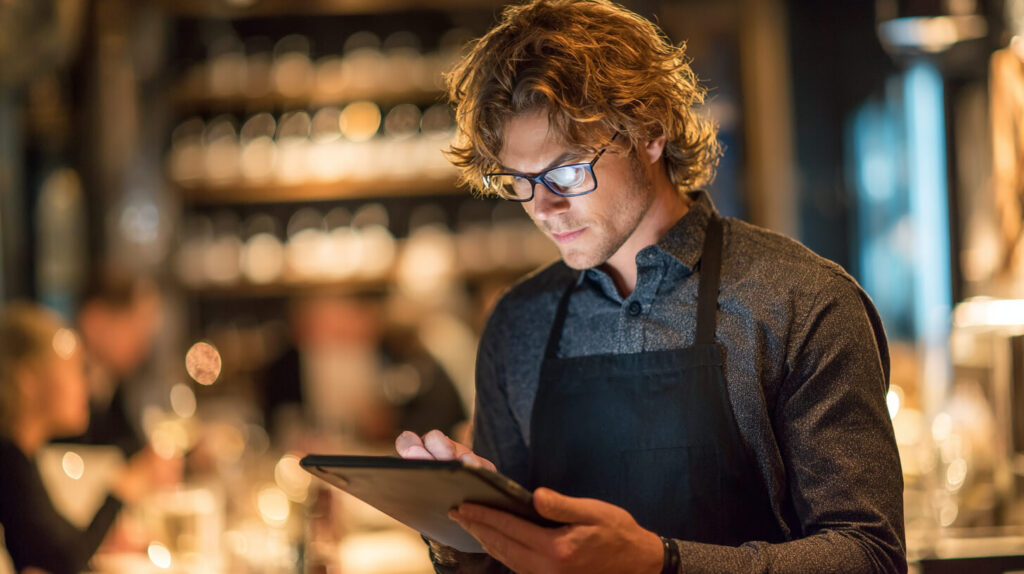 Medewerker controleert een restaurantreservering op een tablet tijdens een drukke avond in het restaurant.