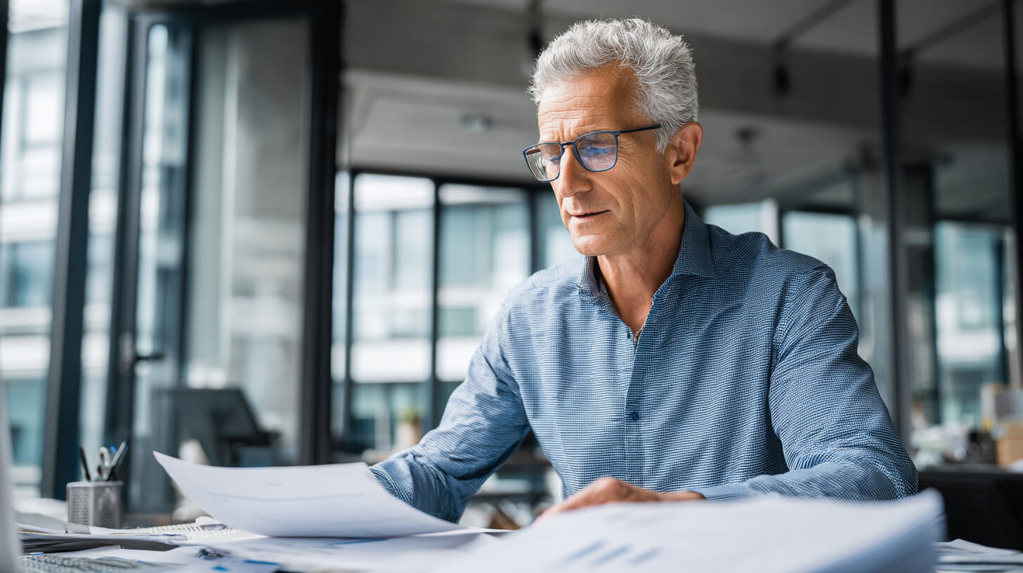 Financieel manager analyseert rapporten ter voorbereiding van belangrijke financiële beslissingen.