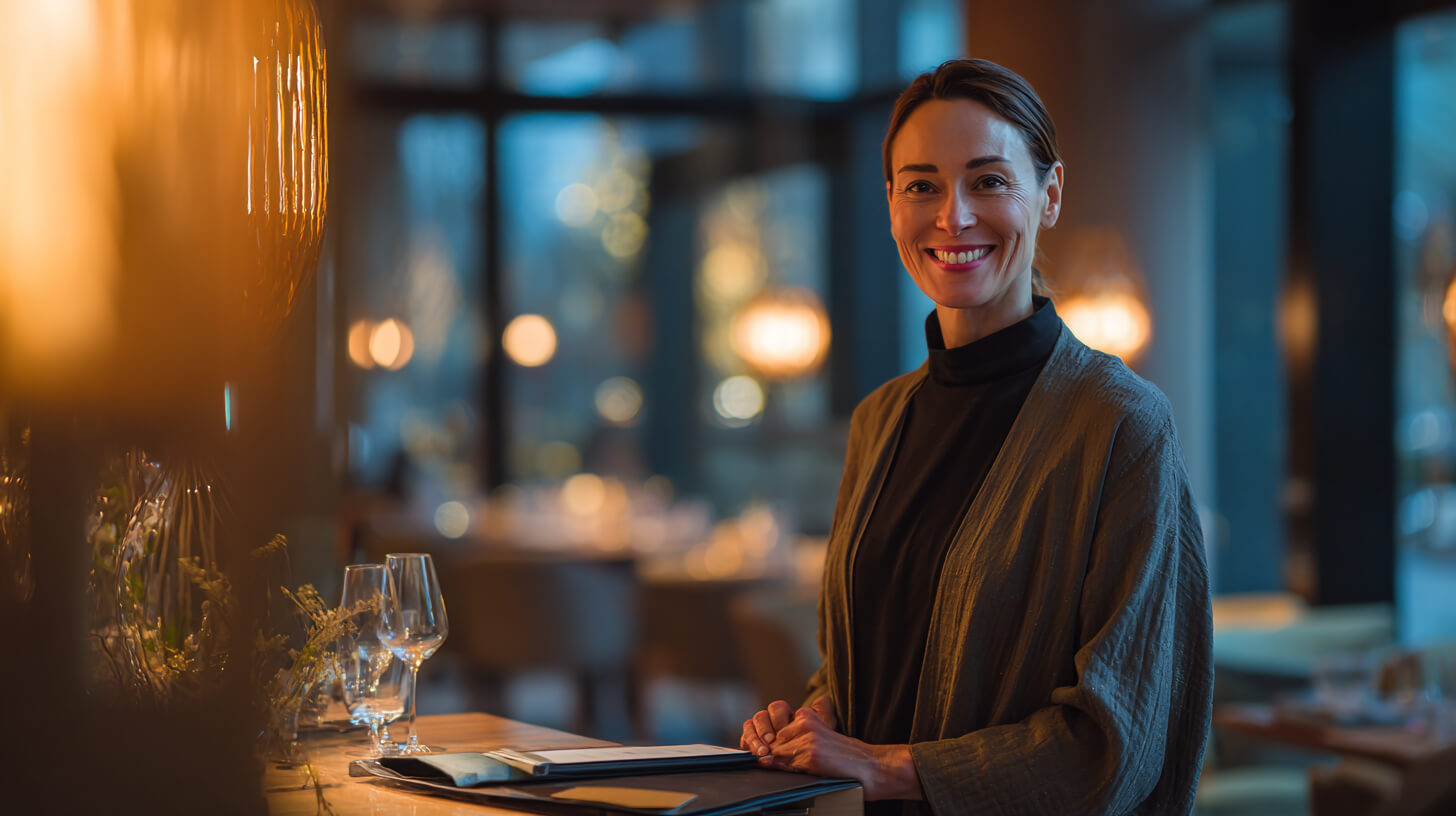 Gastvrouw staat klaar om gasten te ontvangen en een restaurantreservering te begeleiden.