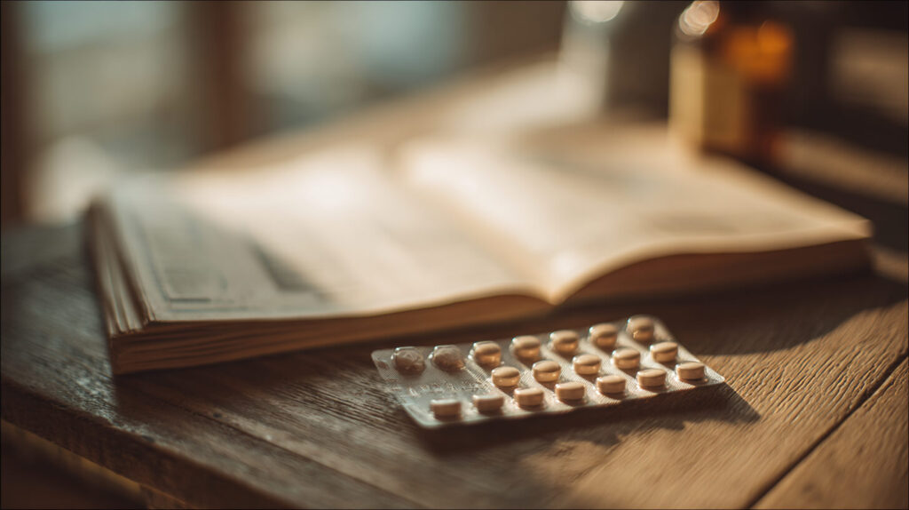 Doordrukstrip met tabletten naast een opengeslagen boek, verwijzend naar het nalezen van de bijsluiter