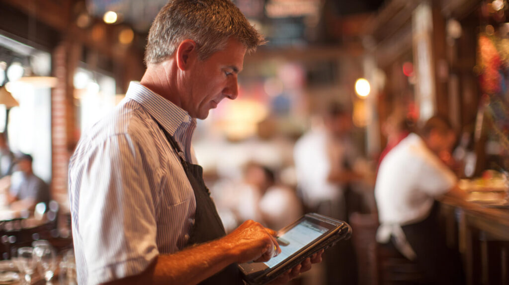 Restaurantmedewerker bekijkt gegevens van een restaurantreservering via een digitaal systeem.