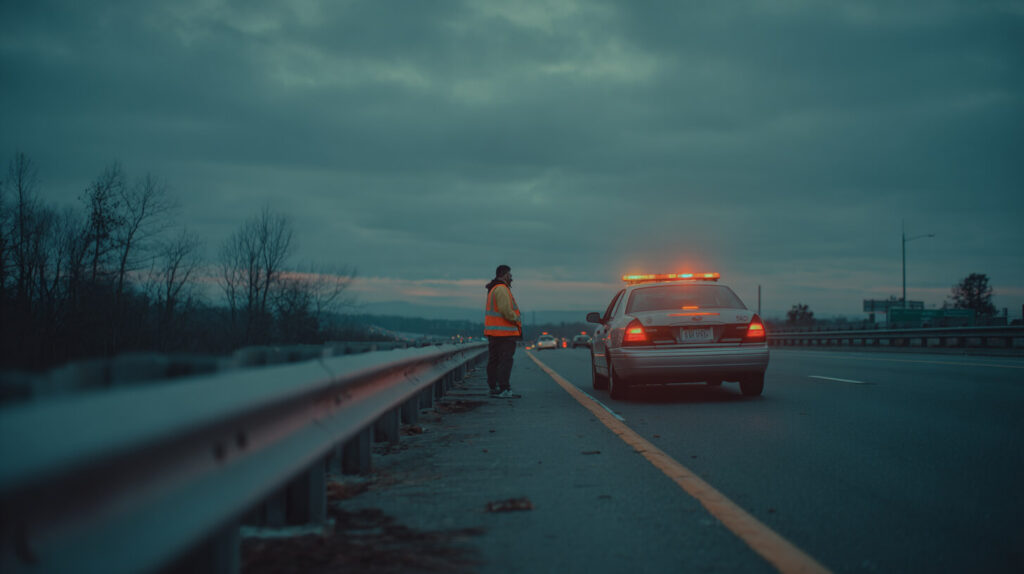 Een pechhulpmedewerker in een veiligheidsvest staat langs de snelweg bij een voertuig met knipperende alarmlichten in de schemering