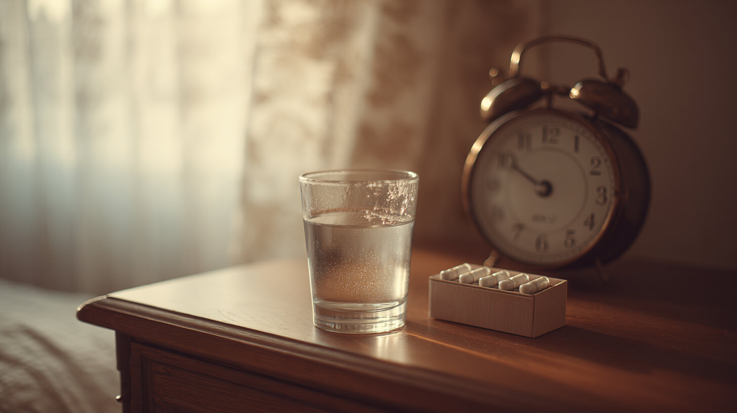 Glas water en een doosje pillen naast een wekker op een nachtkastje, symbool voor een vast innamemoment