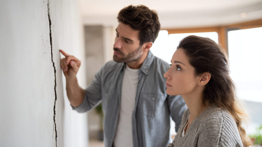 Bewoners inspecteren een scheur in de muur als onderdeel van een claim voor schade verhalen.