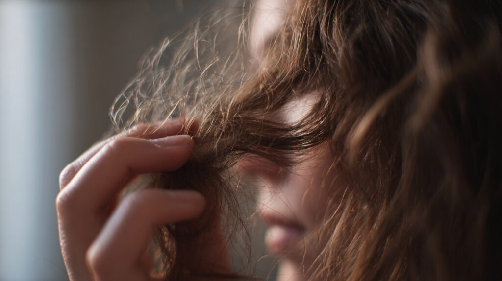 Close-up van een vrouw die een pluk droge, verwarde haarpunten bekijkt met haar vingers