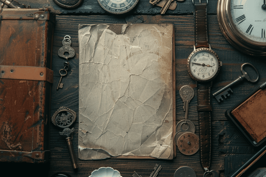 oude brief klokken horloge kist sleutel
