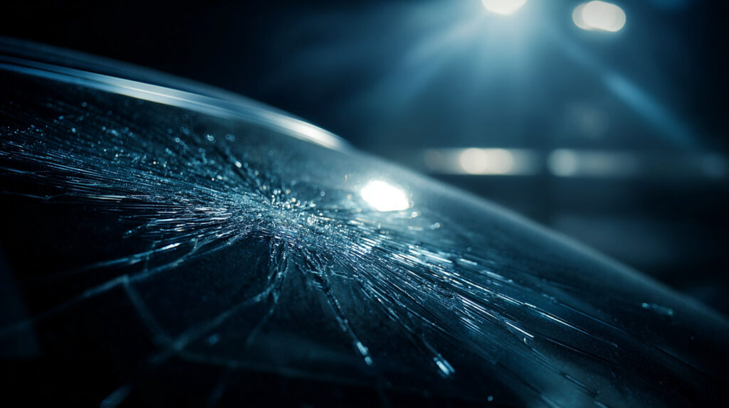 Close-up van versplinterd autoglas met scherpe scheuren, verlicht door felle lichtreflecties in het donker