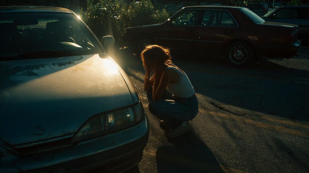 Vrouw hurkt gefrustreerd naast een geparkeerde auto bij zonsondergang, mogelijk buitengesloten van haar voertuig