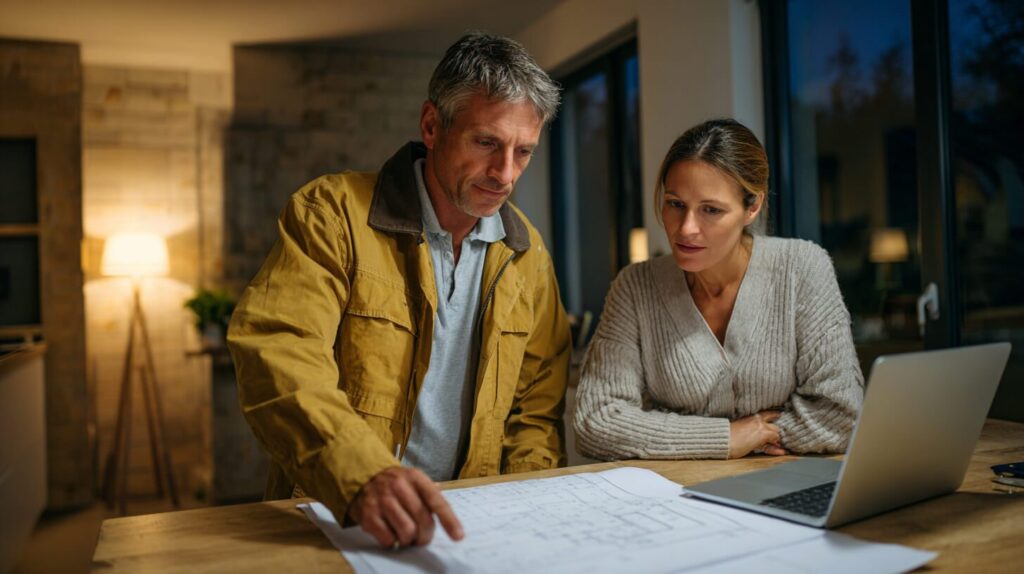 Aannemer en huiseigenaar bekijken samen een bouwtekening aan de keukentafel bij het plannen van de verbouwing