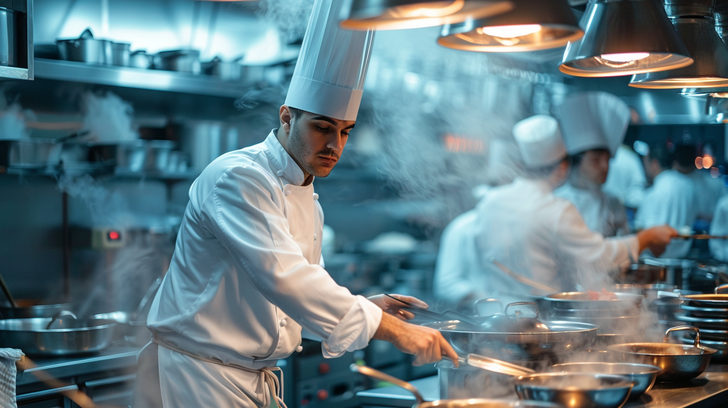 Chef kok in koksbuis en toque aan het werk in drukke professionele keuken.