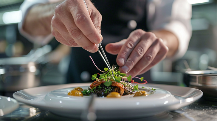 Chef kok plateert een gerecht met pincet in professionele restaurantkeuken.
