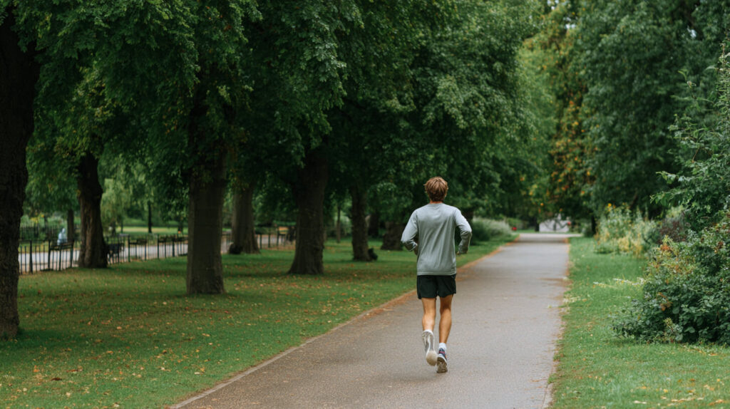 Man joggt rustig op een schaduwrijk pad door het park tijdens zijn hersteltraining na een sportblessure