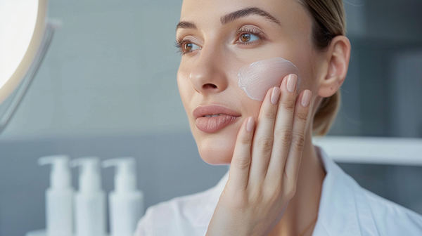 vrouw die rustig haar gezicht aanraakt na een botox- of fillerbehandeling