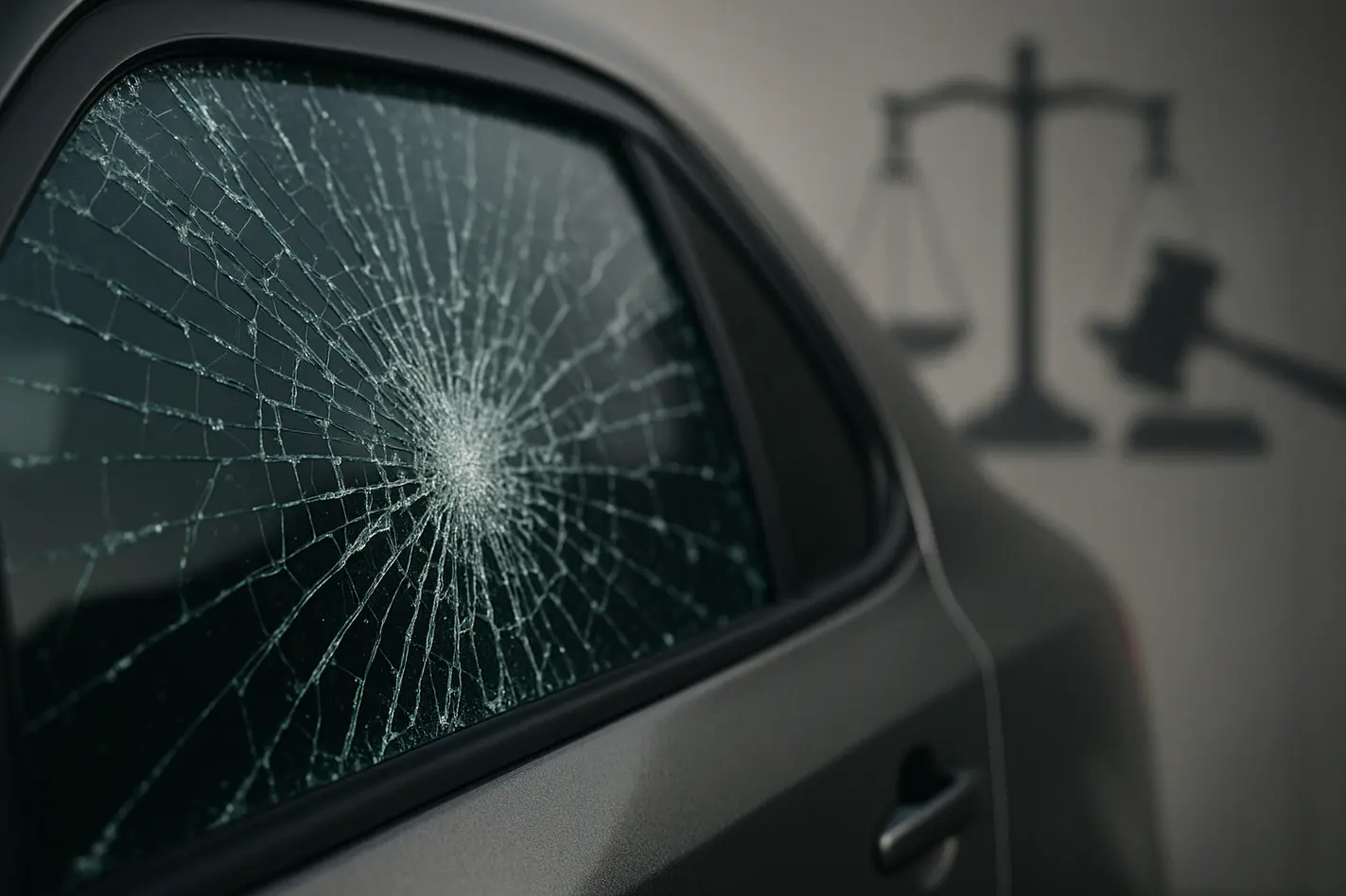 Gebroken autoruit met scherven, symboliseert auto openen zonder sleutel noodsituatie