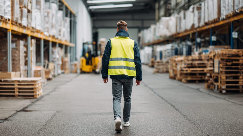 Magazijnmedewerker in oranje veiligheidsvest loopt door een magazijn met stellingen en een heftruck op de achtergrond