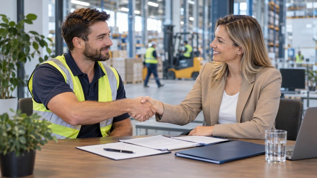 Magazijnmedewerker in veiligheidsvest schudt de hand van een HR-medewerker na het ondertekenen van een arbeidsovereenkomst