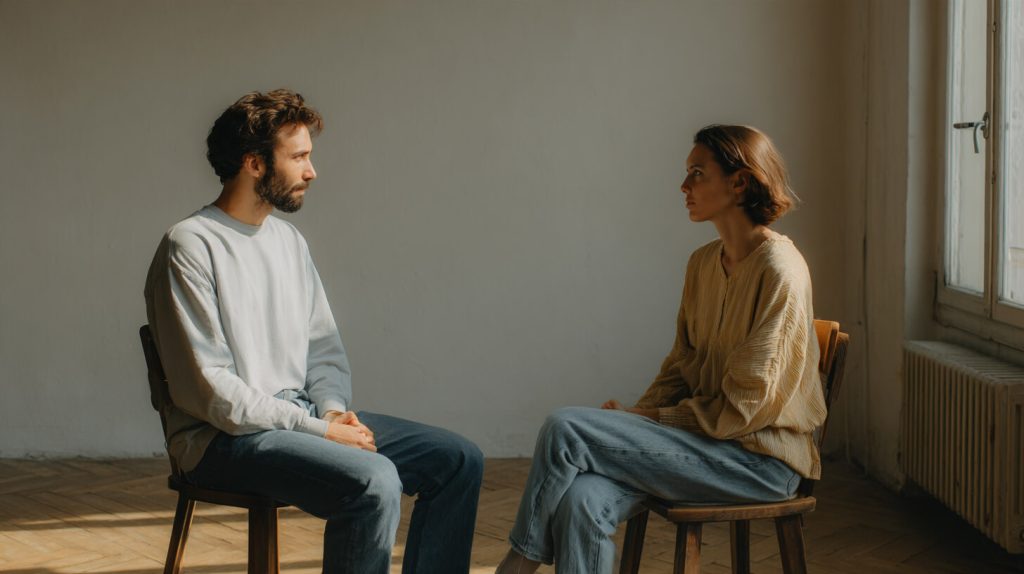 Man en vrouw zitten tegenover elkaar op houten stoelen in een kale, zonovergoten kamer, oogcontact tijdens een intens gesprek