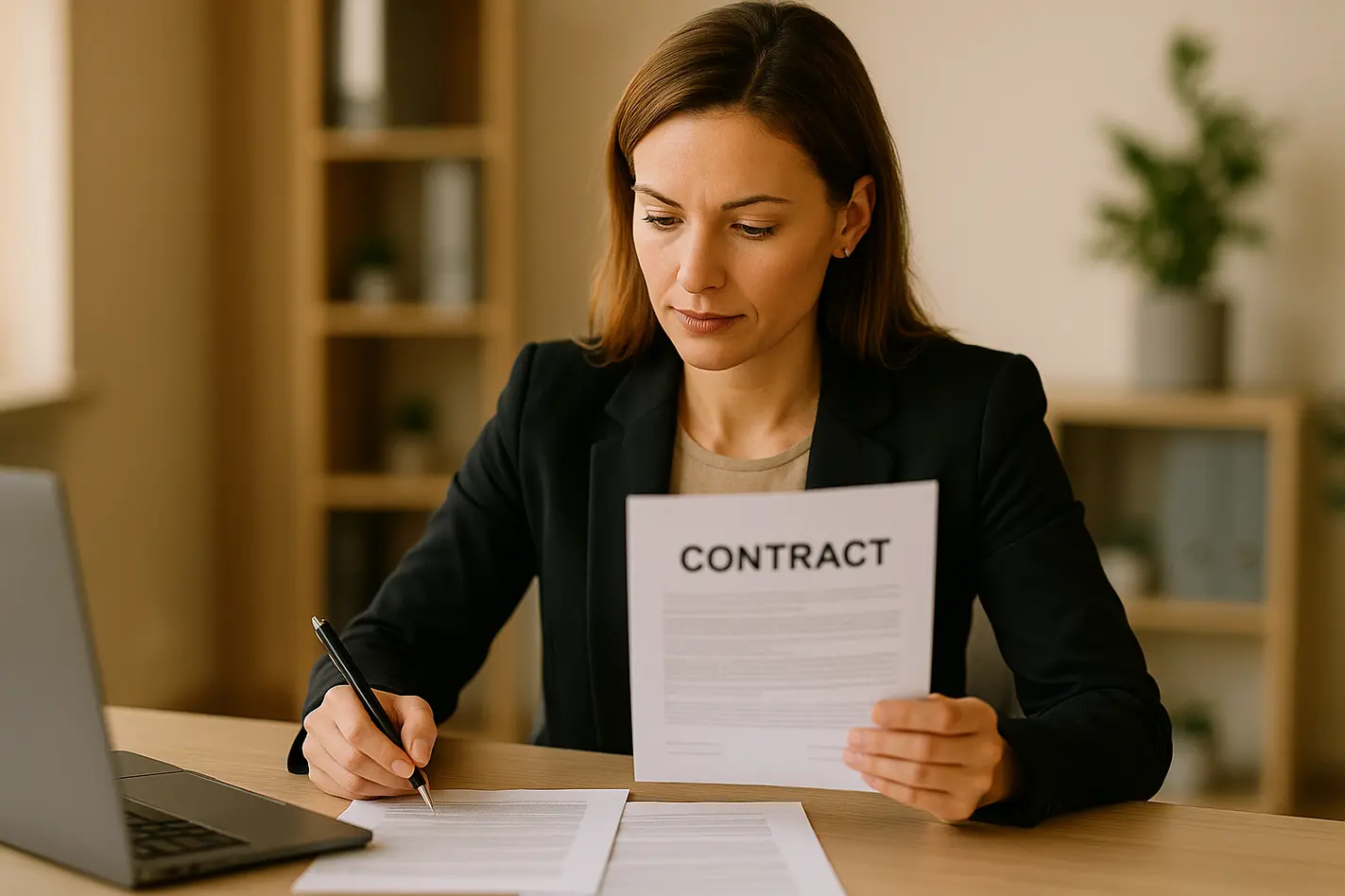 Uitzendkracht vast contract: professioneel werkende aan bureau met documenten